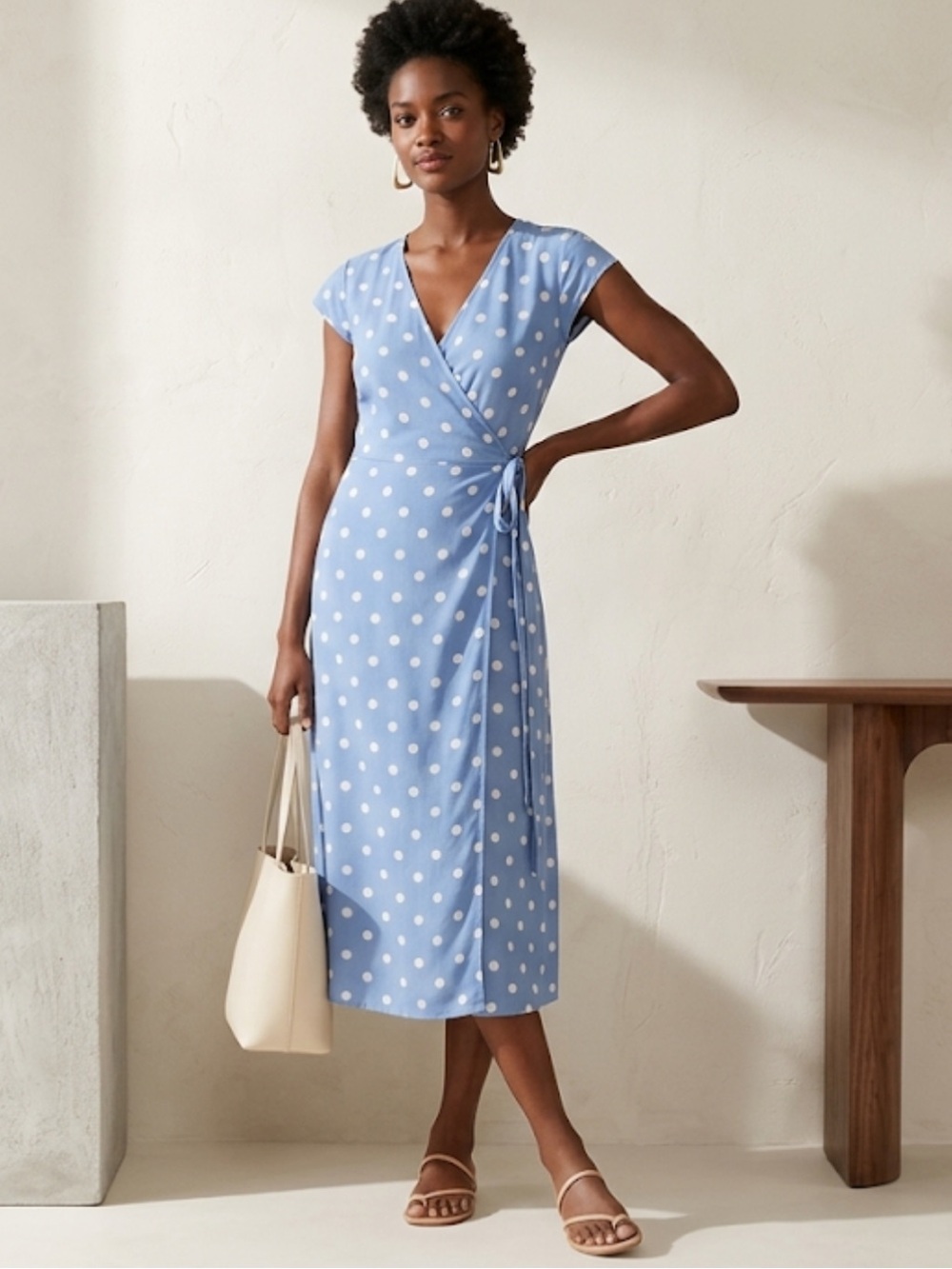 J. Crew Light Blue and White Polka Dots Midi Wrap Dress Size large